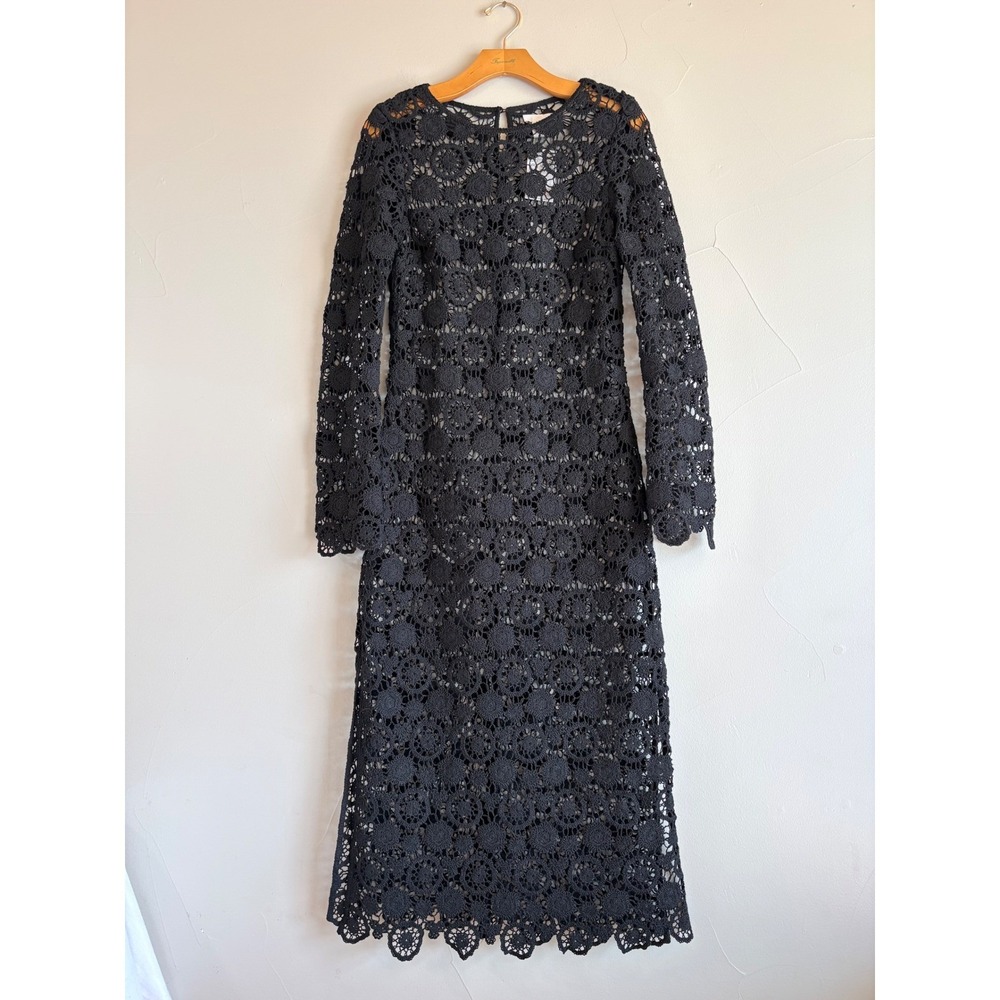 H&M Black Crochet Lace Maxi Kaftan Dress Long Sleeve Boho Floral Medallion NWT S